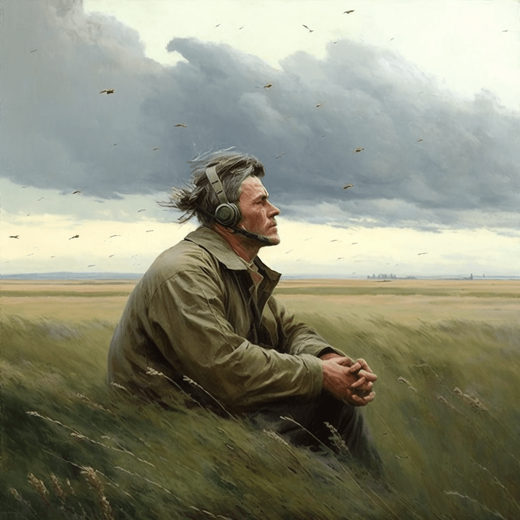 a man in a field listening to music